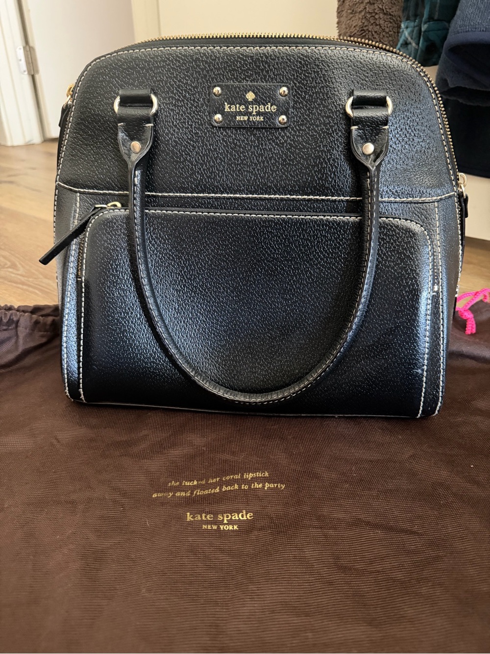 kate spade Black Pebbled Leather Dome Satchel with Gold Hardware
